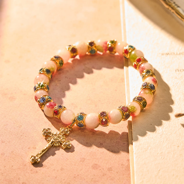 Devotional Tourmaline Sparkling Bracelet with Ornate Golden Crucifix