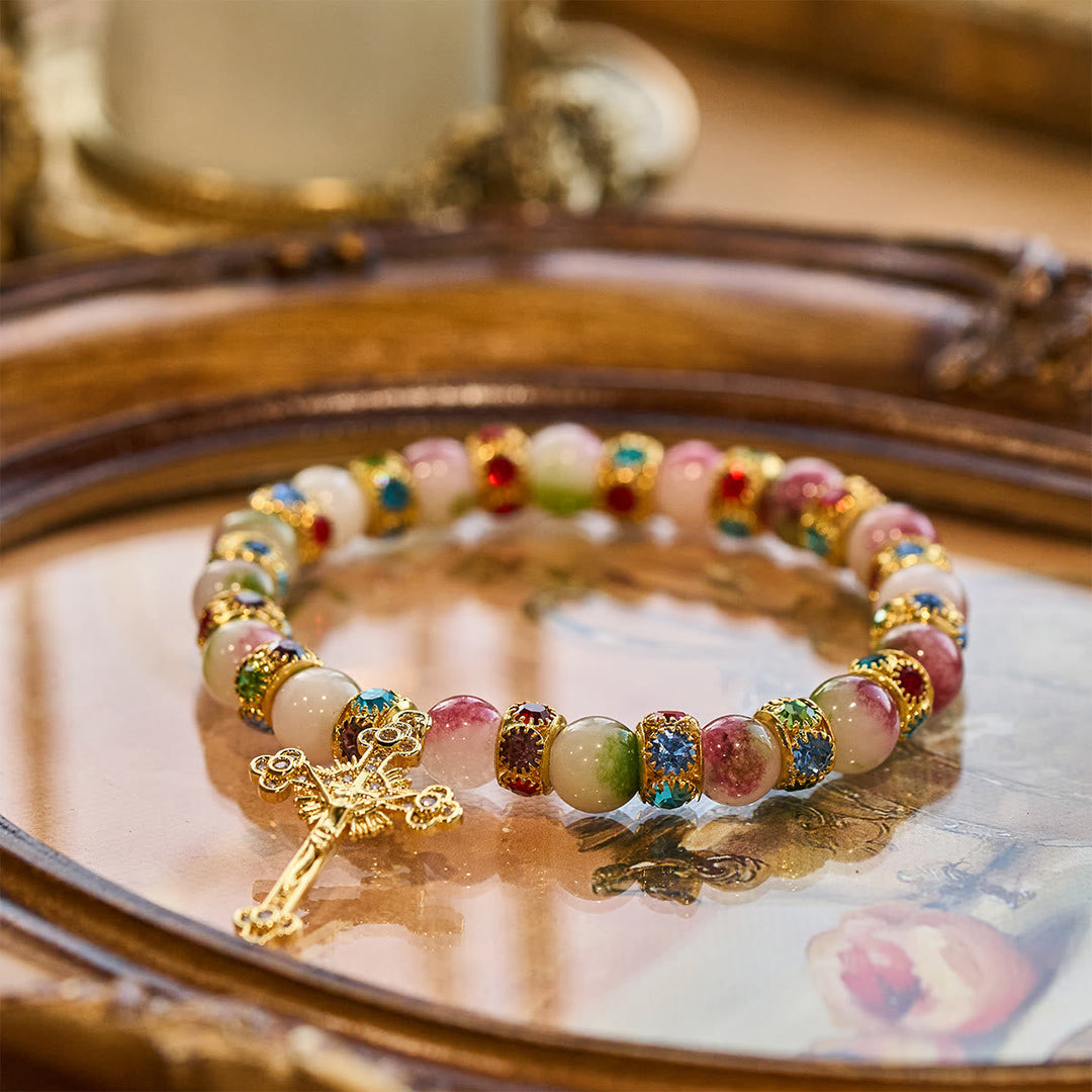 Devotional Tourmaline Sparkling Bracelet with Ornate Golden Crucifix