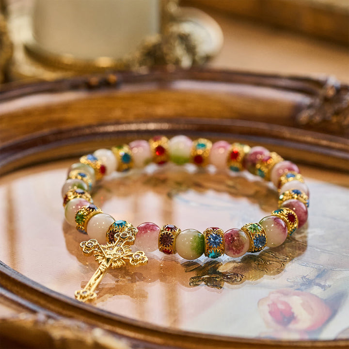 Devotional Tourmaline Sparkling Bracelet with Ornate Golden Crucifix