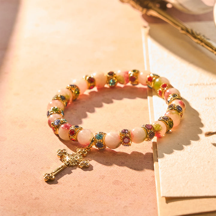 Devotional Tourmaline Sparkling Bracelet with Ornate Golden Crucifix