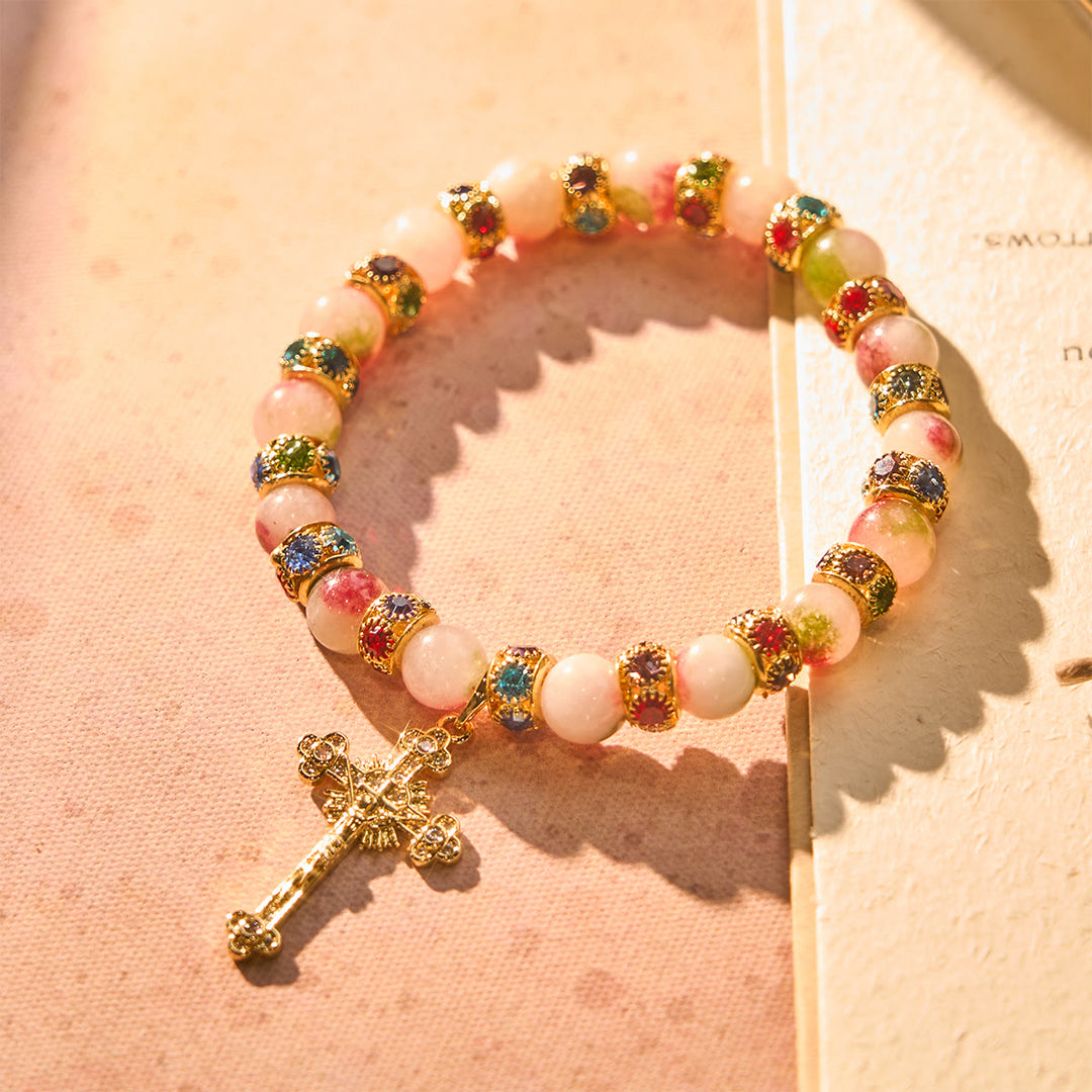 Devotional Tourmaline Sparkling Bracelet with Ornate Golden Crucifix