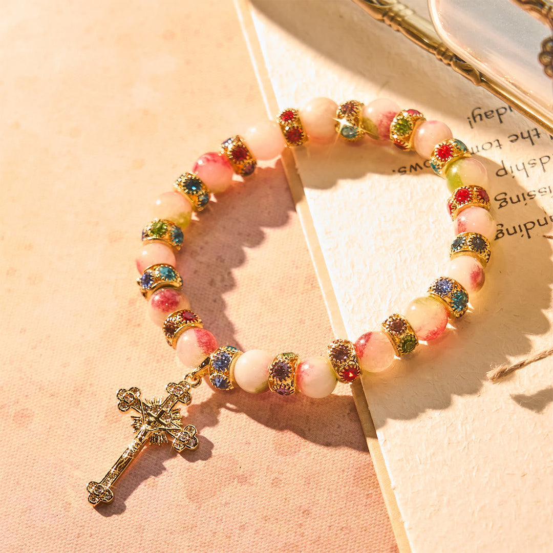 Devotional Tourmaline Sparkling Bracelet with Ornate Golden Crucifix