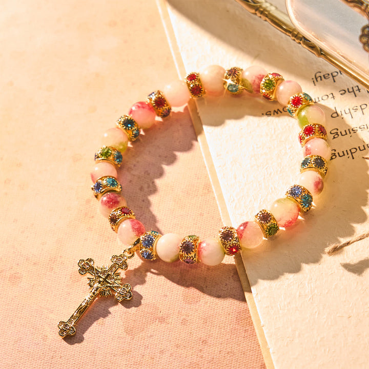 Devotional Tourmaline Sparkling Bracelet with Ornate Golden Crucifix