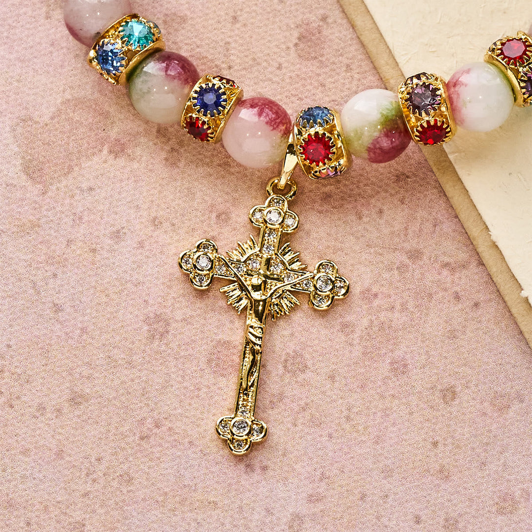 Devotional Tourmaline Sparkling Bracelet with Ornate Golden Crucifix