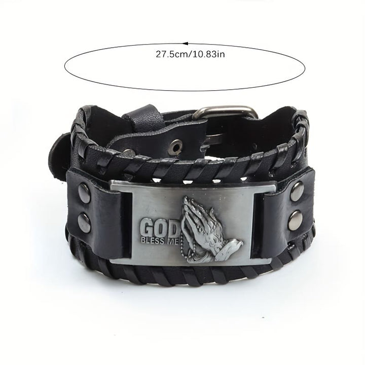 Praying-Hands Leather Bracelet: Bold Badge of Blessing