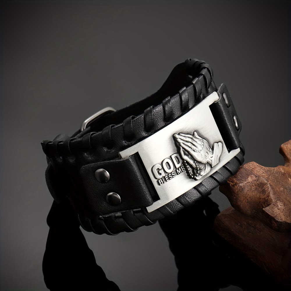 Praying-Hands Leather Bracelet: Bold Badge of Blessing