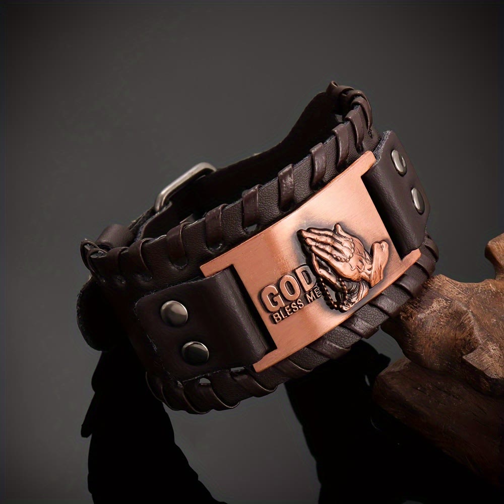 Praying-Hands Leather Bracelet: Bold Badge of Blessing