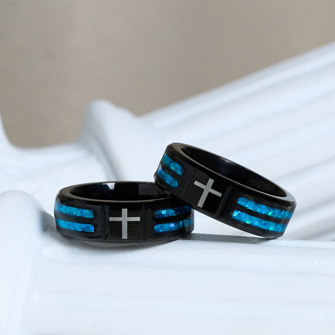 Modern Titanium Steel Cross Ring with Laser Blue Inlay: Serenity in Christ's Blue Light
