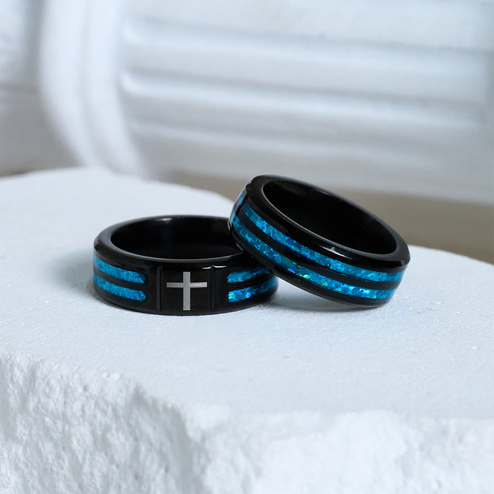 Modern Titanium Steel Cross Ring with Laser Blue Inlay: Serenity in Christ's Blue Light