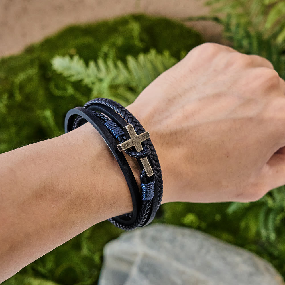 Tri - Color Stainless Steel Cross & Braided Leather Fashion Bracelet