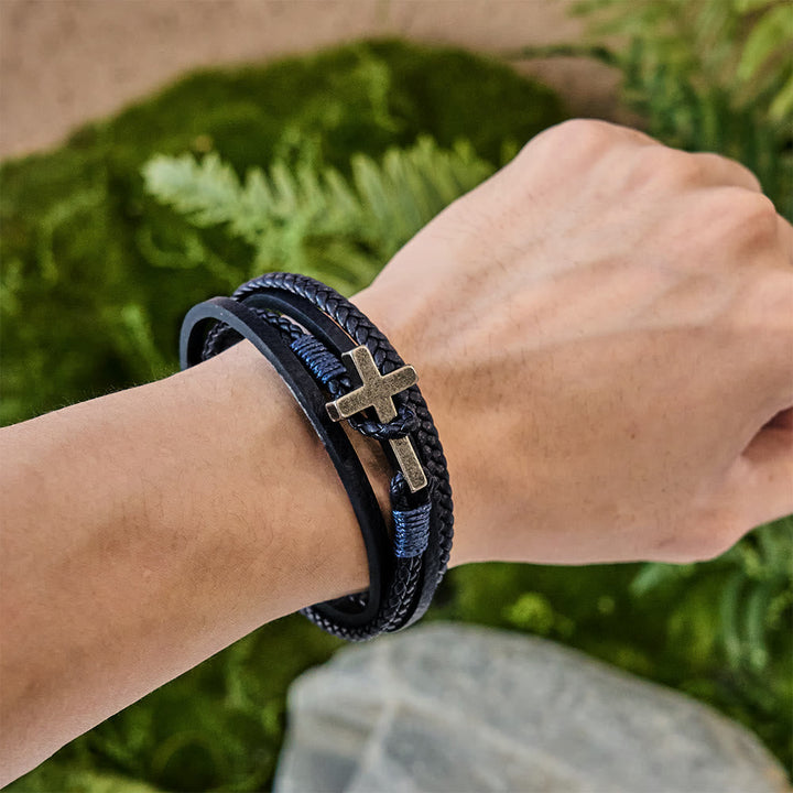 Tri - Color Stainless Steel Cross & Braided Leather Fashion Bracelet