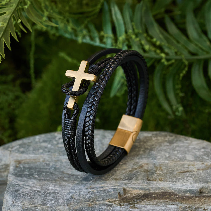 Tri - Color Stainless Steel Cross & Braided Leather Fashion Bracelet