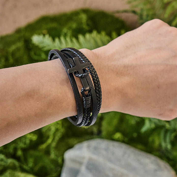 Tri - Color Stainless Steel Cross & Braided Leather Fashion Bracelet