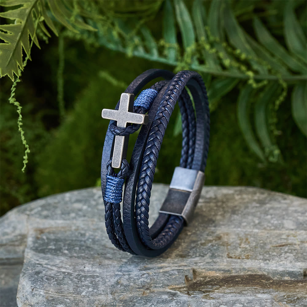 Tri - Color Stainless Steel Cross & Braided Leather Fashion Bracelet