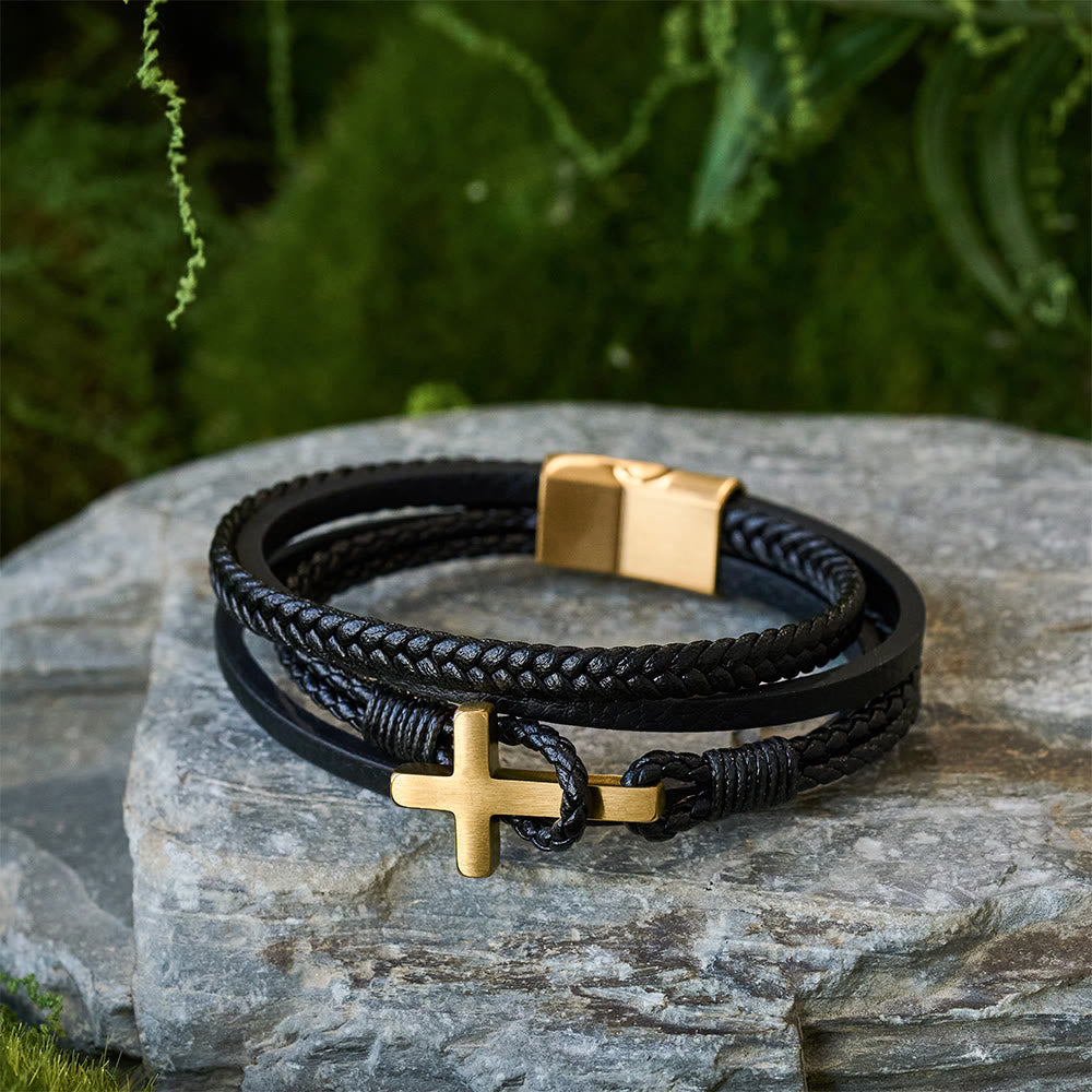 Tri - Color Stainless Steel Cross & Braided Leather Fashion Bracelet