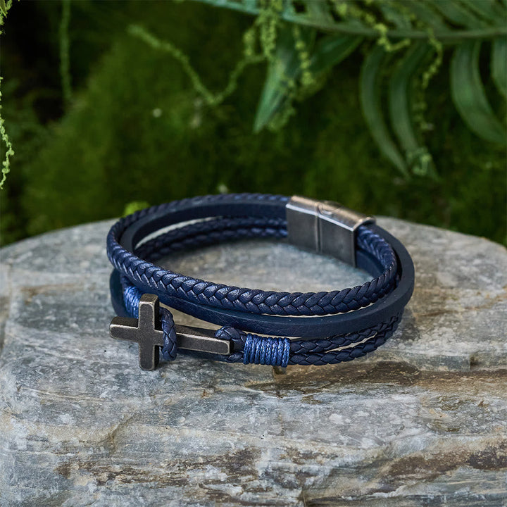 Tri - Color Stainless Steel Cross & Braided Leather Fashion Bracelet