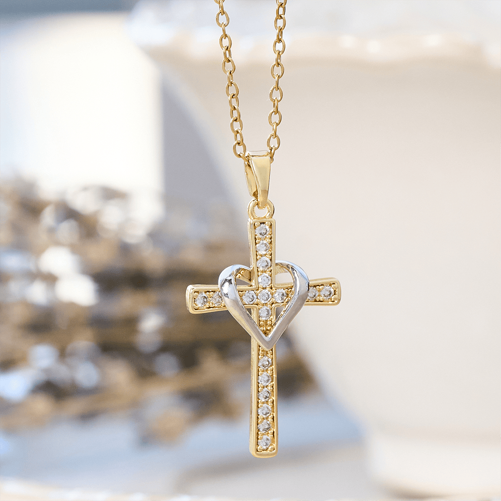 Dual - Tone Heart & Cross Necklace with Zircons: Fusion of Love and Faith