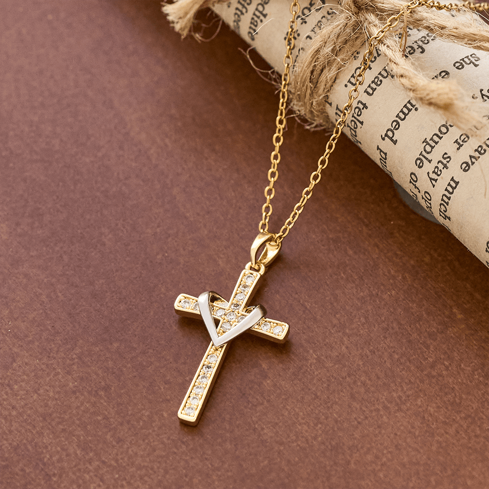 Dual - Tone Heart & Cross Necklace with Zircons: Fusion of Love and Faith