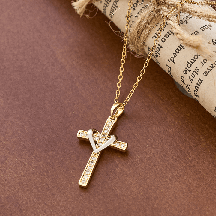 Dual - Tone Heart & Cross Necklace with Zircons: Fusion of Love and Faith