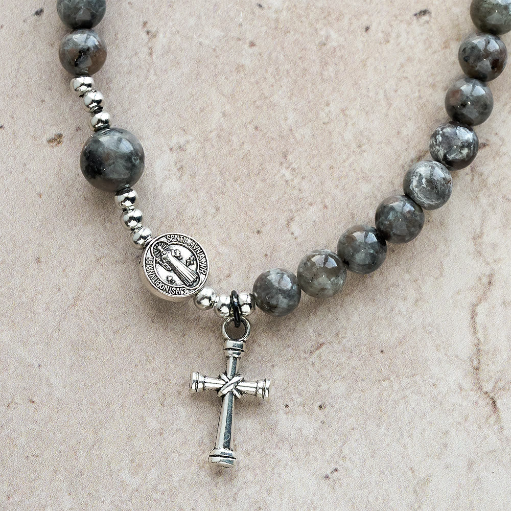 6mm UV-Glow Flame Stone Rosary Bracelet: Ashy Texture & Illuminated Devotion