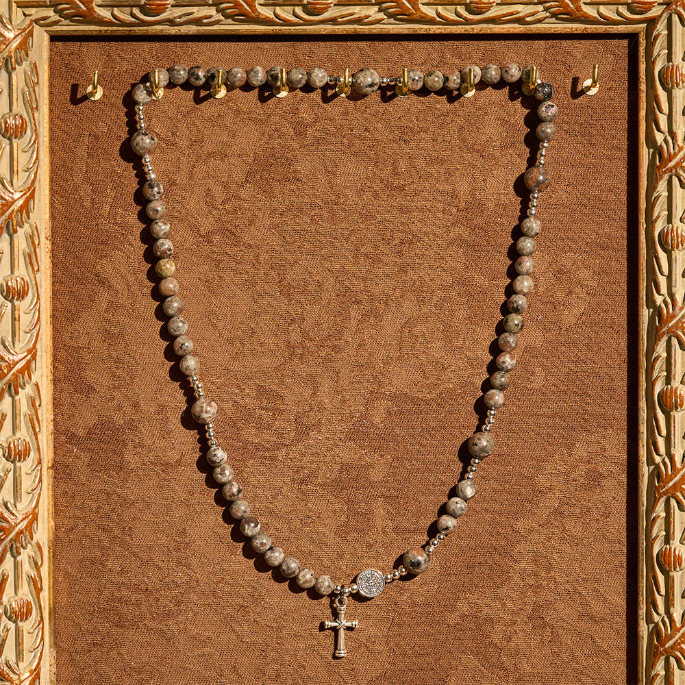 6mm UV-Glow Flame Stone Rosary Bracelet: Ashy Texture & Illuminated Devotion