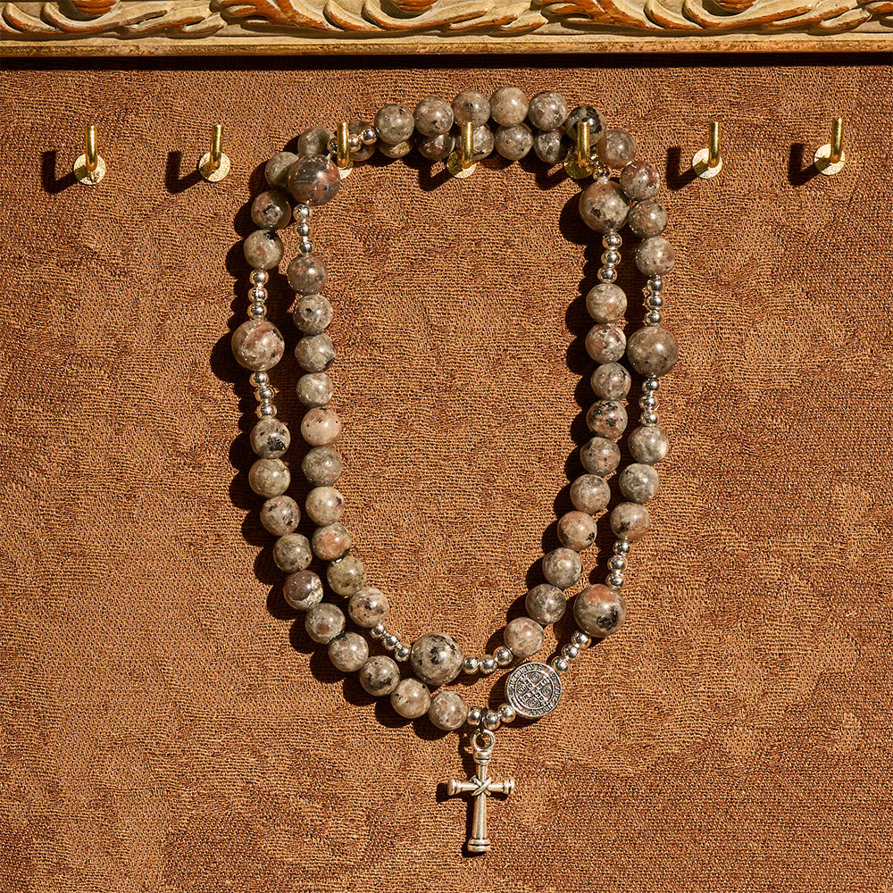 6mm UV-Glow Flame Stone Rosary Bracelet: Ashy Texture & Illuminated Devotion