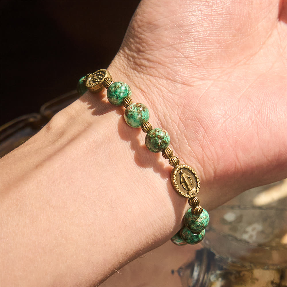 Vintage Red Green Glass Bracelet with Miraculous Medal: Faith & Grace Reminder for Daily Wear