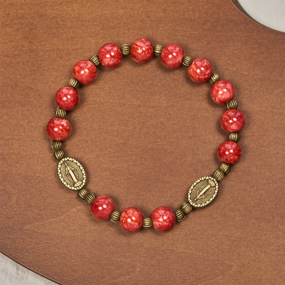 Vintage Red Green Glass Bracelet with Miraculous Medal: Faith & Grace Reminder for Daily Wear