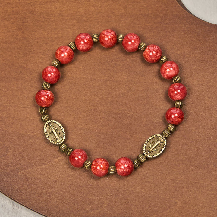 Vintage Red Green Glass Bracelet with Miraculous Medal: Faith & Grace Reminder for Daily Wear