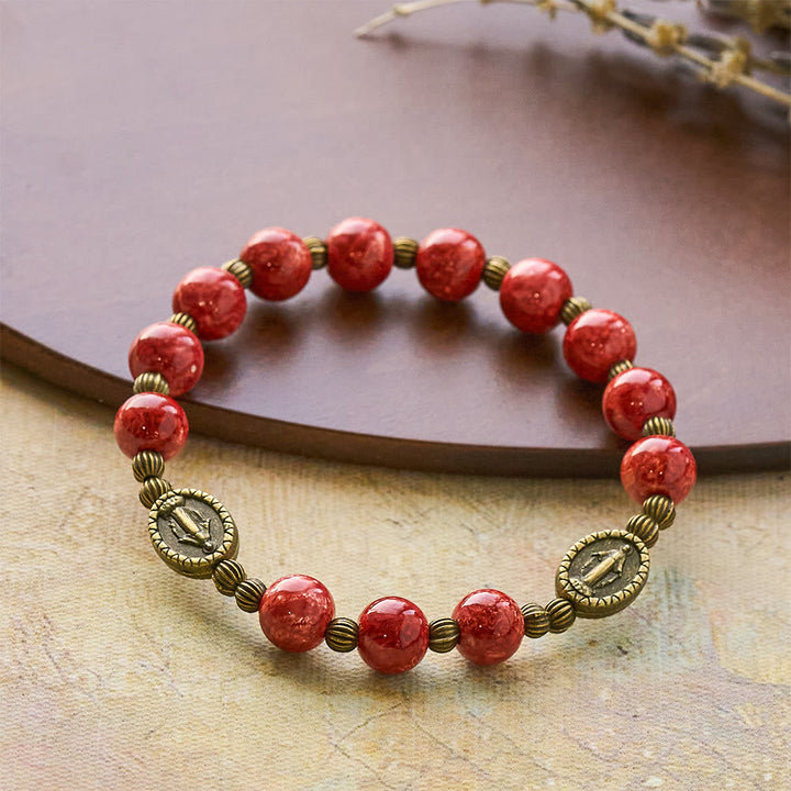 Vintage Red Green Glass Bracelet with Miraculous Medal: Faith & Grace Reminder for Daily Wear