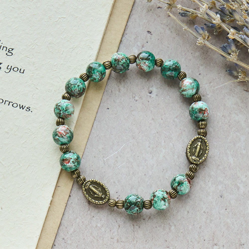 Vintage Red Green Glass Bracelet with Miraculous Medal: Faith & Grace Reminder for Daily Wear