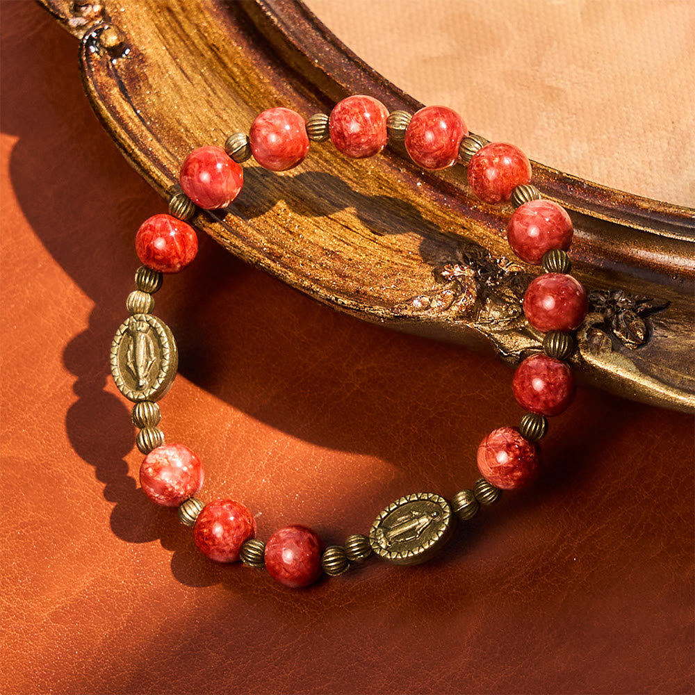 Vintage Red Green Glass Bracelet with Miraculous Medal: Faith & Grace Reminder for Daily Wear