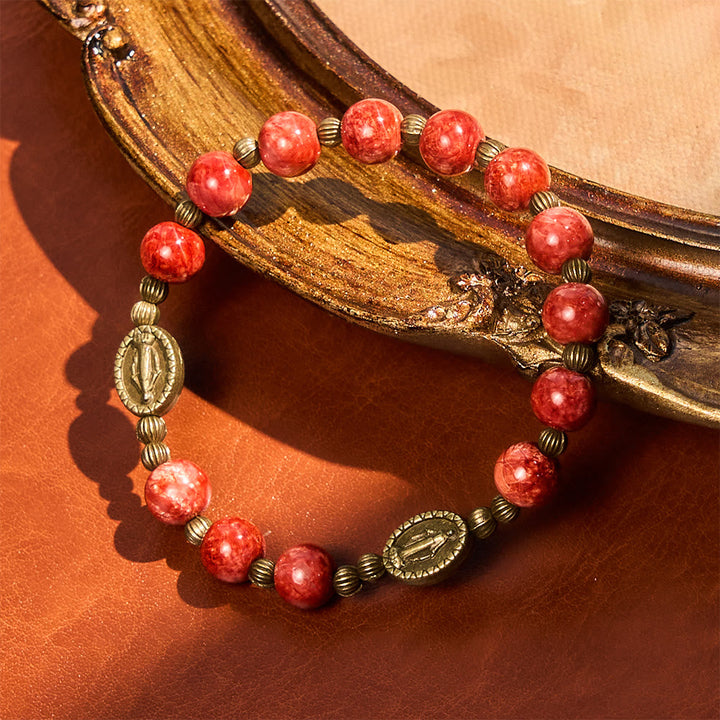 Vintage Red Green Glass Bracelet with Miraculous Medal: Faith & Grace Reminder for Daily Wear