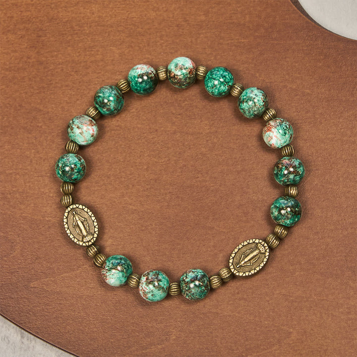 Vintage Red Green Glass Bracelet with Miraculous Medal: Faith & Grace Reminder for Daily Wear