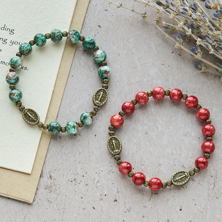 Vintage Red Green Glass Bracelet with Miraculous Medal: Faith & Grace Reminder for Daily Wear