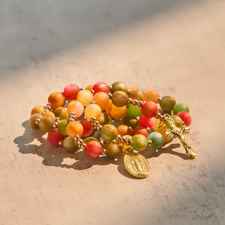Rainbow Glow Vibrant Faith Rosary Bracelet: Colorful Beads & Sacred Golden Our Lady