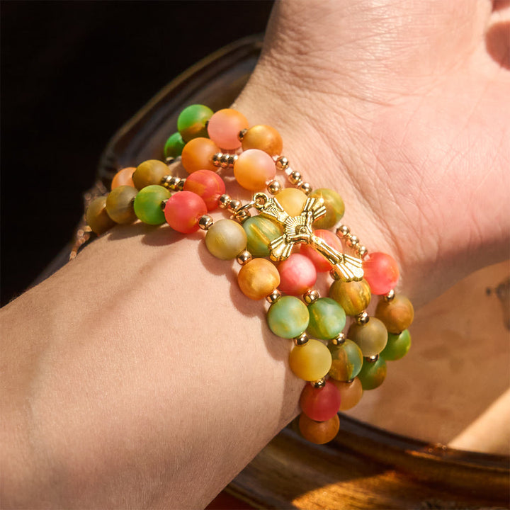 Rainbow Glow Vibrant Faith Rosary Bracelet: Colorful Beads & Sacred Golden Our Lady