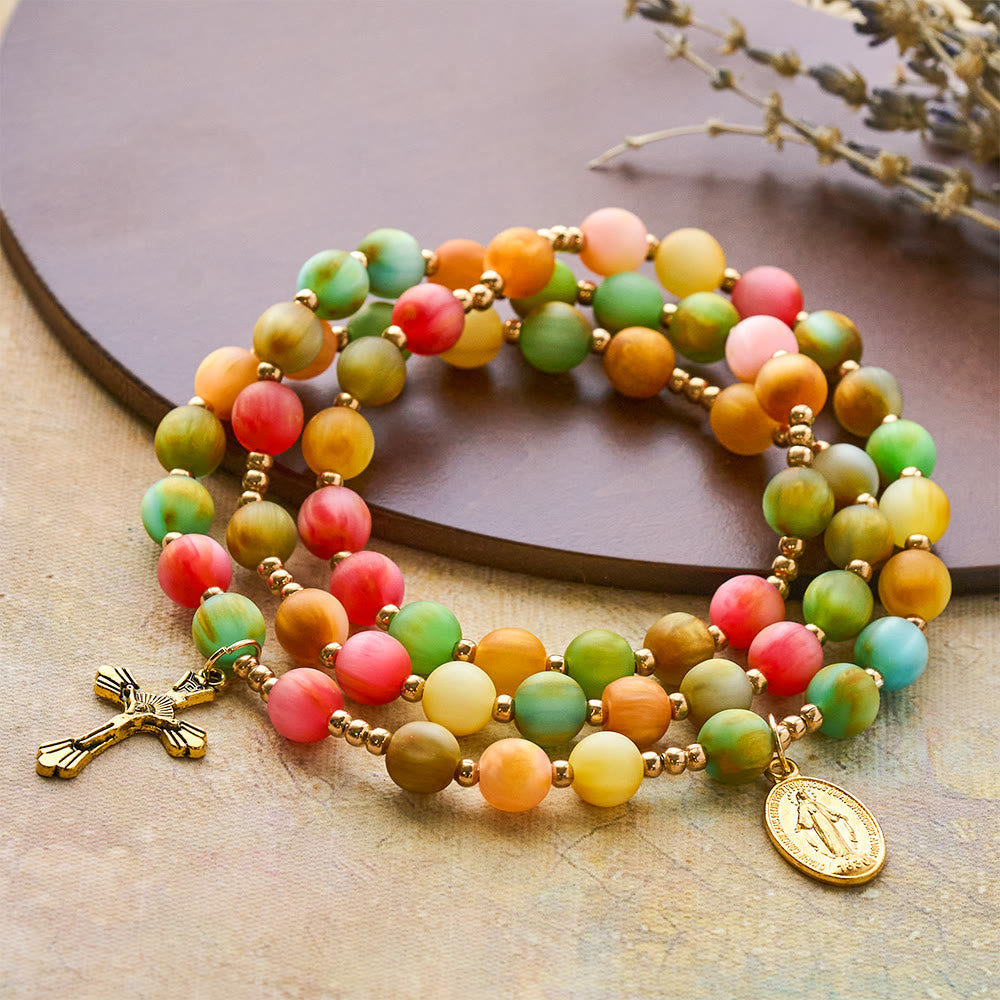 Rainbow Glow Vibrant Faith Rosary Bracelet: Colorful Beads & Sacred Golden Our Lady