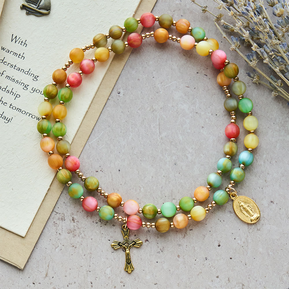 Rainbow Glow Vibrant Faith Rosary Bracelet: Colorful Beads & Sacred Golden Our Lady