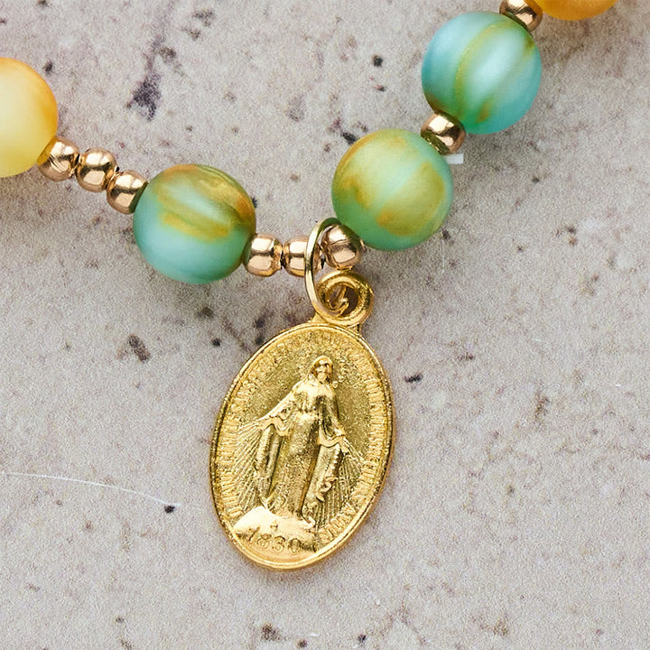Rainbow Glow Vibrant Faith Rosary Bracelet: Colorful Beads & Sacred Golden Our Lady