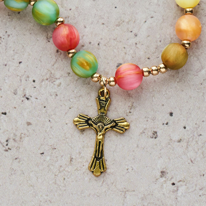 Rainbow Glow Vibrant Faith Rosary Bracelet: Colorful Beads & Sacred Golden Our Lady