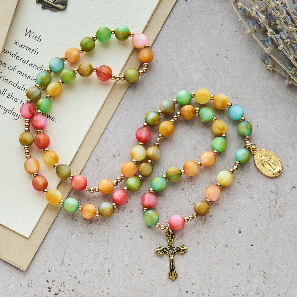 Rainbow Glow Vibrant Faith Rosary Bracelet: Colorful Beads & Sacred Golden Our Lady