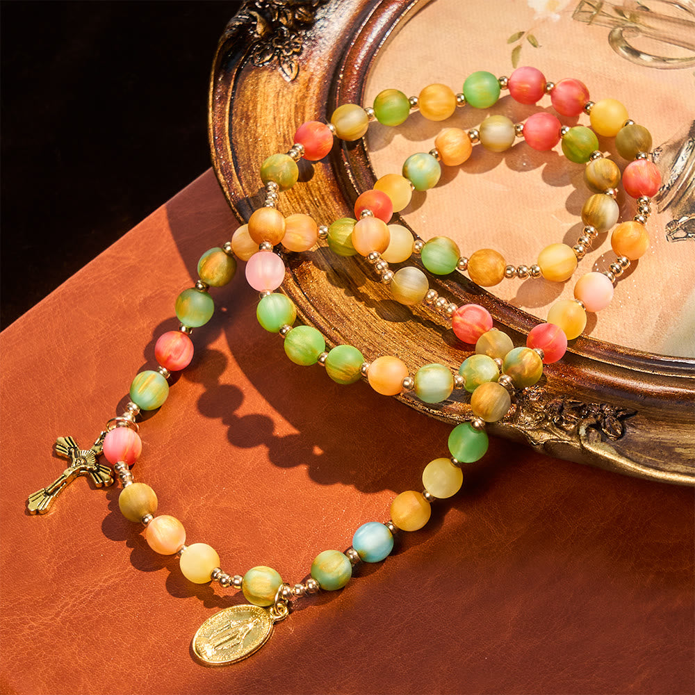 Rainbow Glow Vibrant Faith Rosary Bracelet: Colorful Beads & Sacred Golden Our Lady