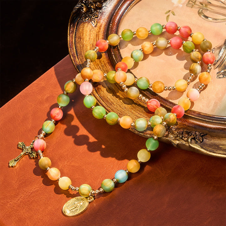 Rainbow Glow Vibrant Faith Rosary Bracelet: Colorful Beads & Sacred Golden Our Lady