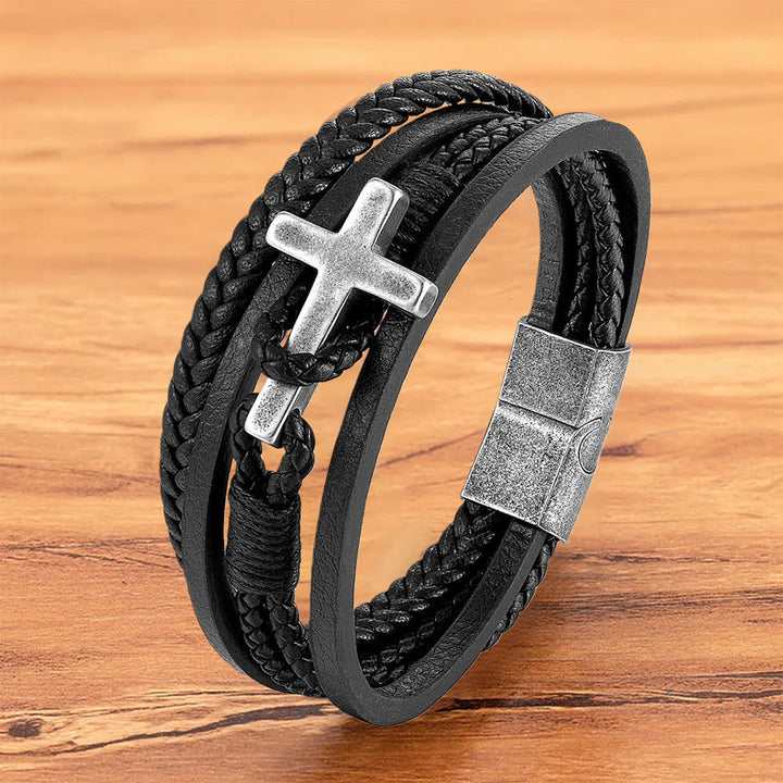 Tri - Color Stainless Steel Cross & Braided Leather Fashion Bracelet