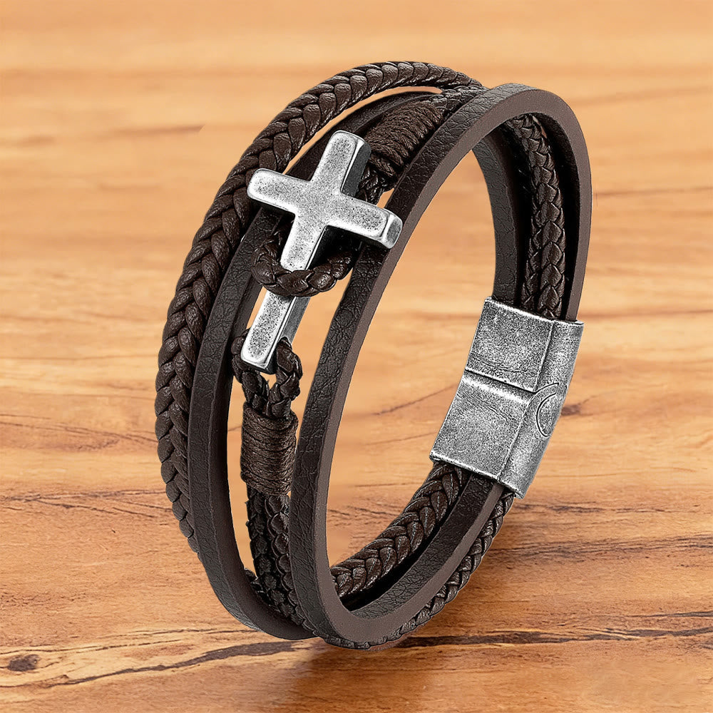 Tri - Color Stainless Steel Cross & Braided Leather Fashion Bracelet