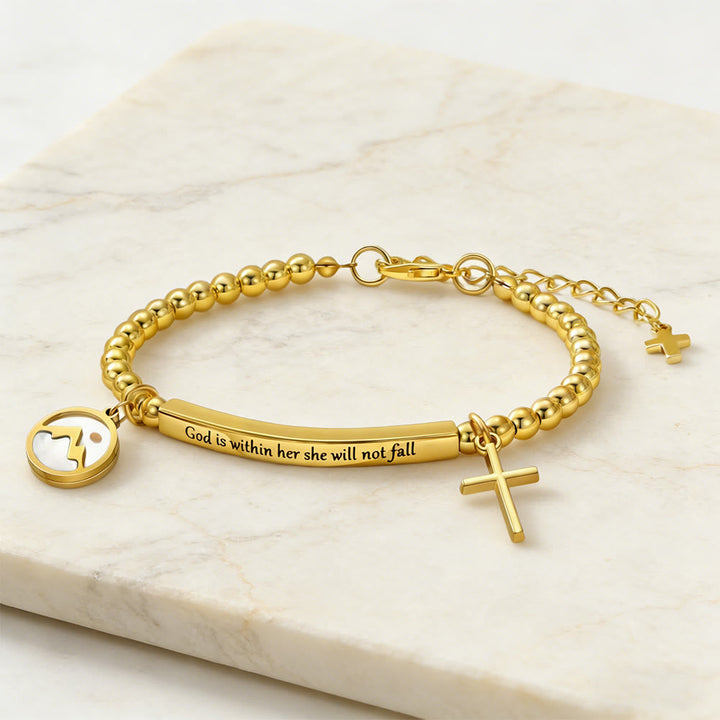 Mustard Seed & Golden Bead Cross Bracelet with God Is Within Her Gift Card