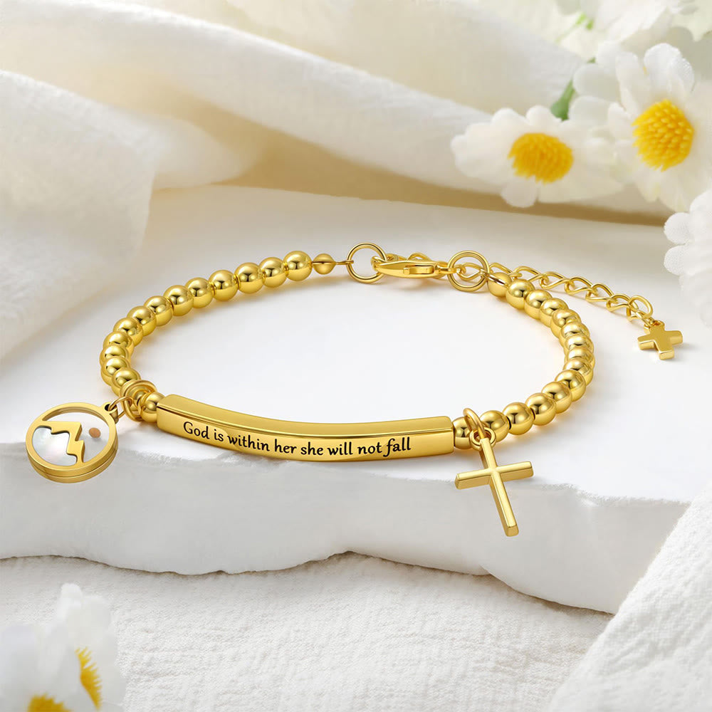 Mustard Seed & Golden Bead Cross Bracelet with God Is Within Her Gift Card