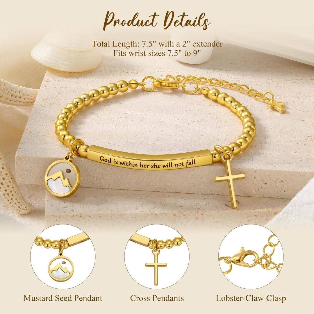 Mustard Seed & Golden Bead Cross Bracelet with God Is Within Her Gift Card