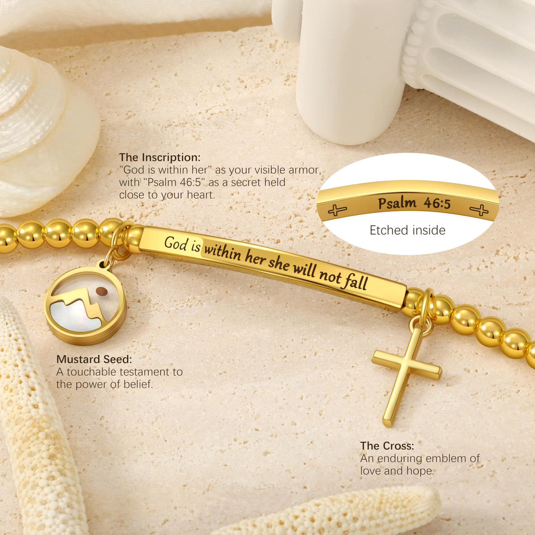Mustard Seed & Golden Bead Cross Bracelet with God Is Within Her Gift Card